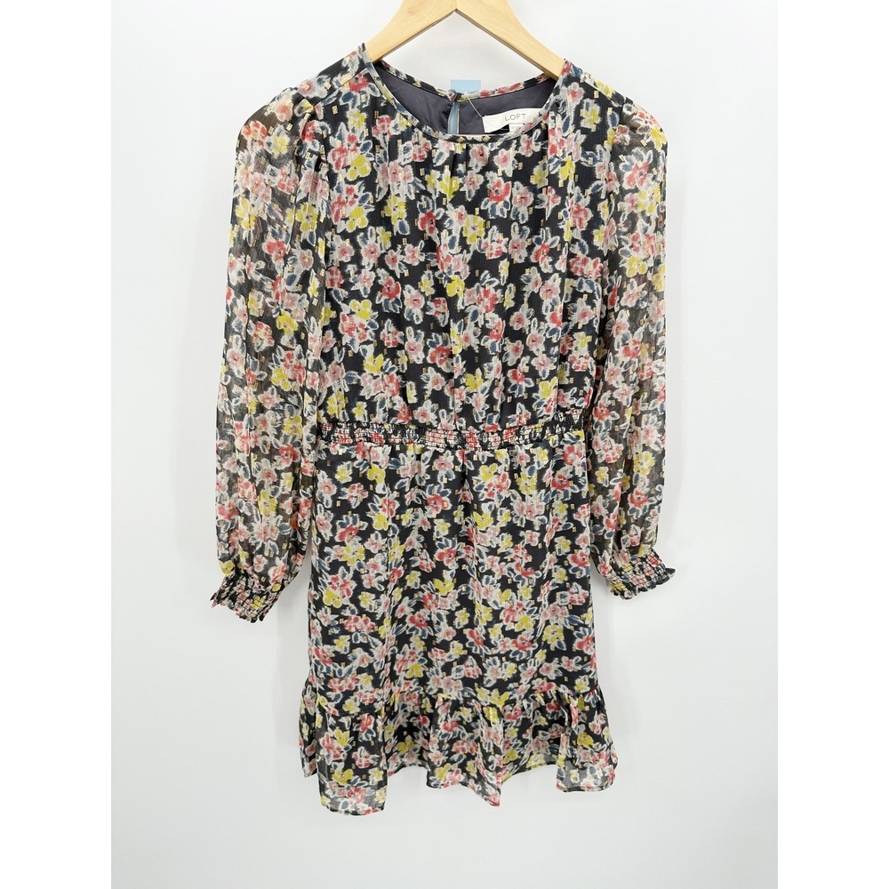 LOFT Petites Floral Gold Clip Dot Ruffle Mini Dress Black SP 33724621 NWT